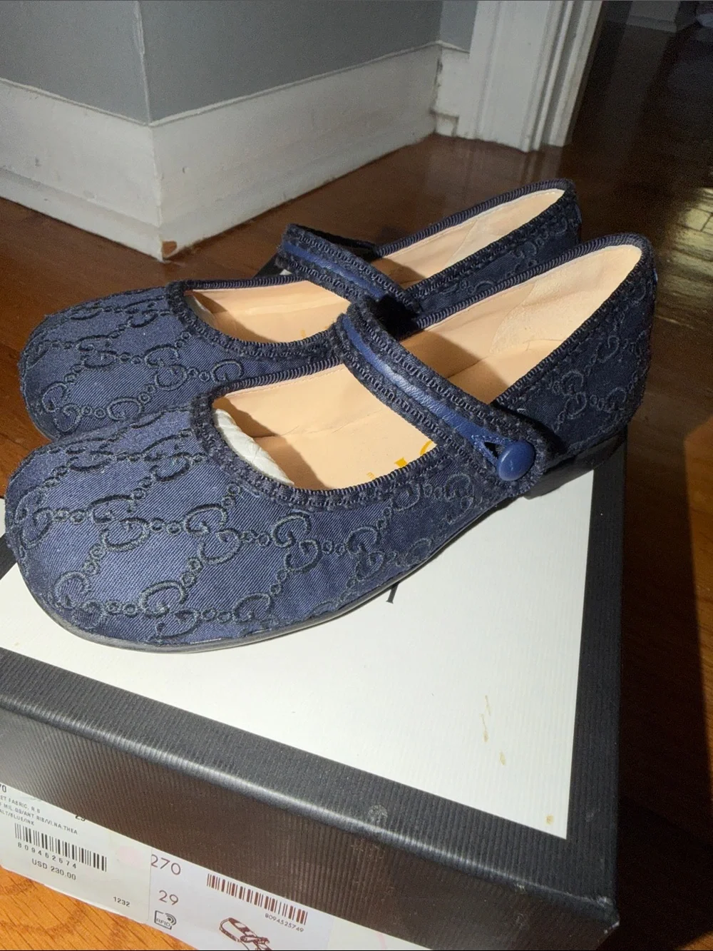 Gucci Kids Navy GG Jacquard Mary Jane Flats size 29